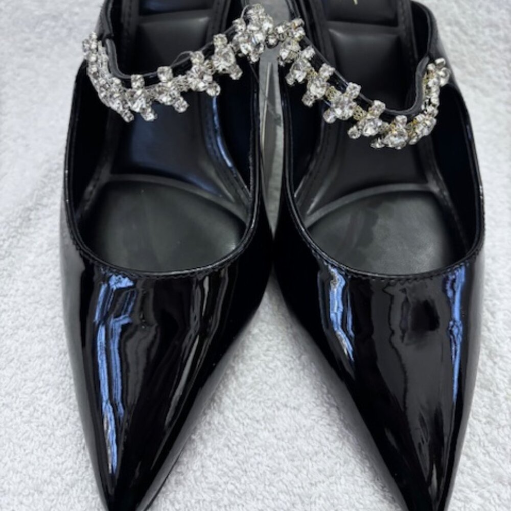 Nicole Miller Black Patent Pointed-Toe Heels with Crystal Ankle Strap